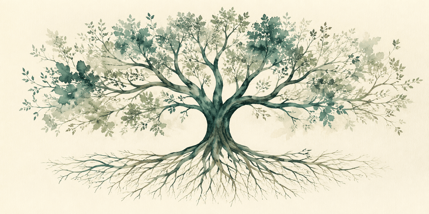 Watercolor illustration of a tree with visible roots and canopy, symbolizing how root causes connect to many health conditions.