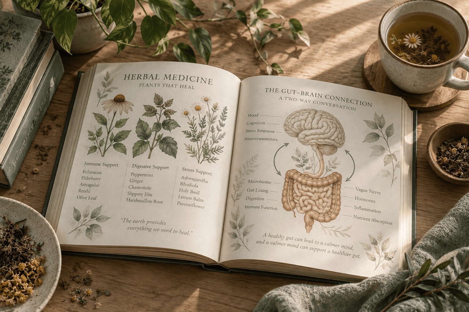 An open book showing herbal medicine and gut-brain connection illustrations, surrounded by tea and botanicals.