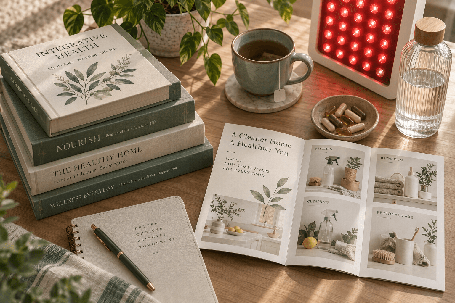 A curated flatlay of wellness books, a non-toxic living guide, and everyday health tools.