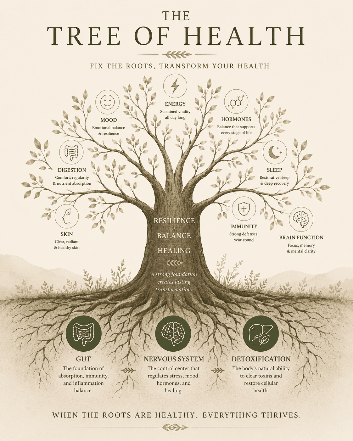 The Tree of Health diagram showing gut, nervous system, and detoxification as the roots supporting energy, hormones, sleep, mood, immunity, digestion, skin, and brain function.