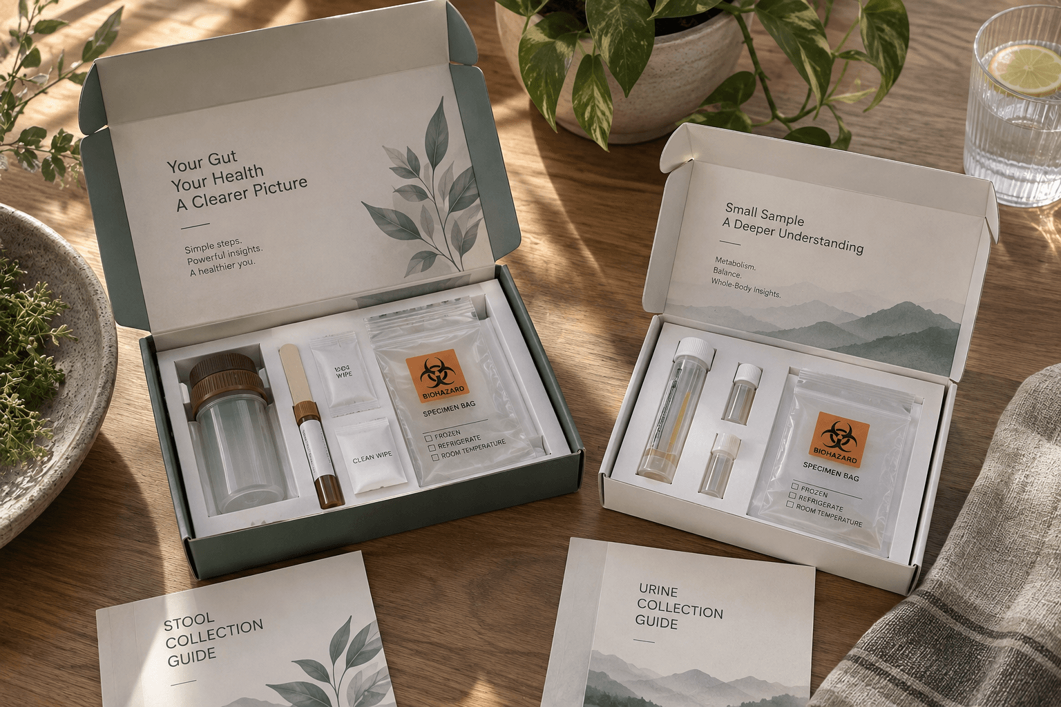 At-home stool and urine specimen collection kits with collection guides, representing the specialty testing process.